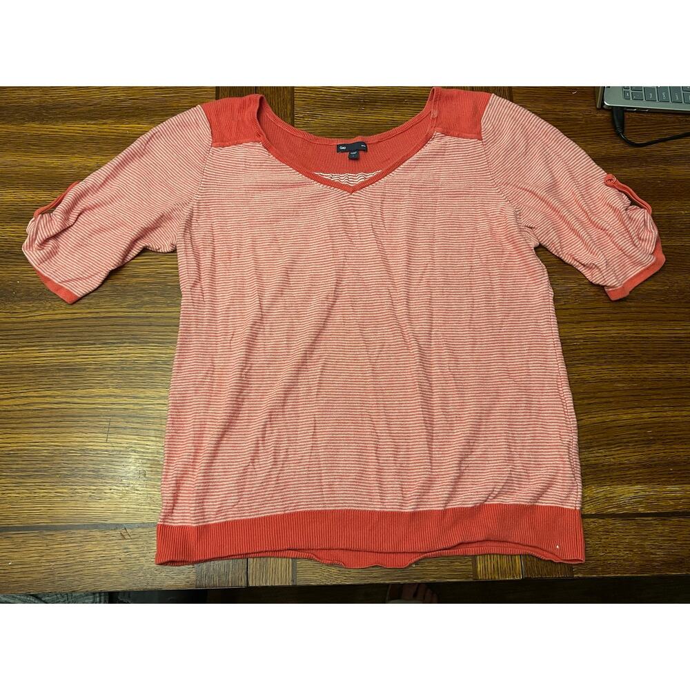 GAP Vintage Striped Knit Sweater Top Red White 3/4 Sleeve V-Neck Casual Size L - Picture 9 of 12